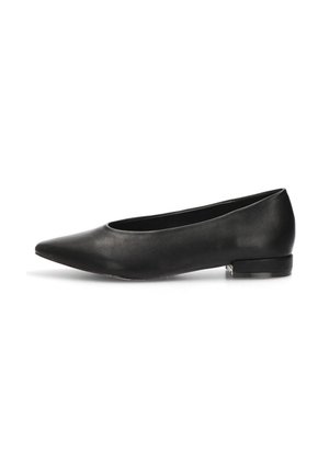 Bailarina de cuero negro con punta afilada y un tacón bajo. Textura suave con un diseño minimalista y sin hardware ni acentos visibles.