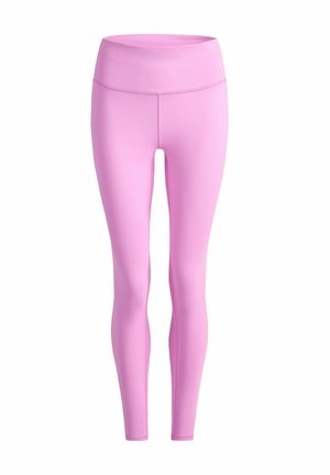 Light purple high-waist fitted leggings with smooth fabric and seam detailing along the waist and inner legs.
