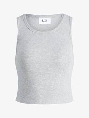 Helehall hallikambrisiga äärega lühike varrukateta ribikangas pluus, millel on ümar kaelus ja JJXX silt krae juures.