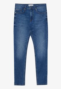 Blå denimjeans med smal passform, som har framfickor, knäppning med knapp, subtil blekning och kontrasterande sömmar.