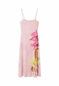 Vestido sin mangas de color rosa con estampado floral, que presenta orquídeas rosas, flores amarillas y conchas, confeccionado en una tela suave y ligera.