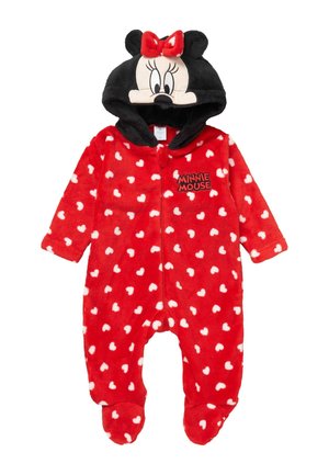 Roter Baby-Overall mit weißen Herzen, Füßen und einer Kapuze, die das Gesicht, die Ohren und die rote Schleife von Minnie Mouse zeigt. "Minnie Mouse"-Text auf der Brust.