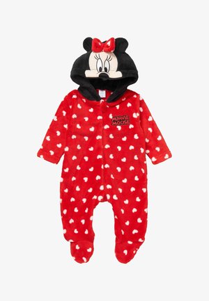 Rode baby rompertje met witte hartjes, met voetjes en een kap met het gezicht van Minnie Mouse, oren en een rode strik. "Minnie Mouse" tekst op de borst.