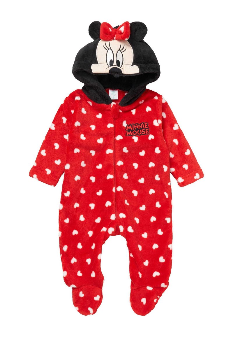 Czerwony niemowlęcy bodziak z białymi sercami, z nogawkami w całości, oraz kapturem z twarzą Minni Myszki, uszami i czerwoną kokardą. Na klatce piersiowej napis "Minni Myszka".