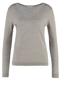 Hellgrauer Strickpullover mit langen Ärmeln und V-Ausschnitt, gerippten Bündchen und Saum. Weiche Textur mit dezentem Glanz, mit kontrastierendem innerem Halsausschnitt.