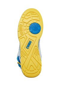 Shoe sole with deep tread pattern; predominantly yellow with blue details and branding. Features a textured surface for traction.