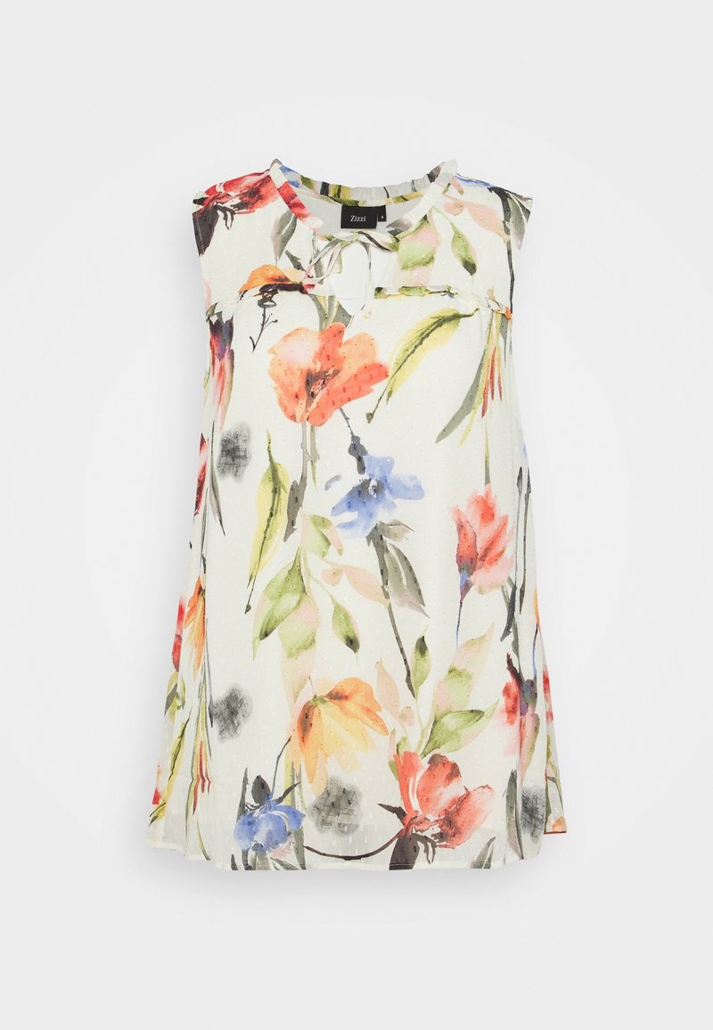 Blouse blanche sans manches avec col rond et lien, imprimé floral multicolore avec des accents rouges, orange, bleu, vert et noir.