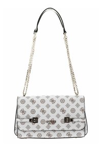 Borsa a mano bianca in pelle con tracolla a catena, caratterizzata da un motivo geometrico e accenti metallici. Chiusura con un gancio metallico con logo.