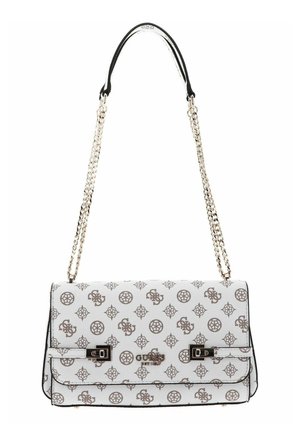 Borsa a mano bianca in pelle con tracolla a catena, caratterizzata da un motivo geometrico e accenti metallici. Chiusura con un gancio metallico con logo.