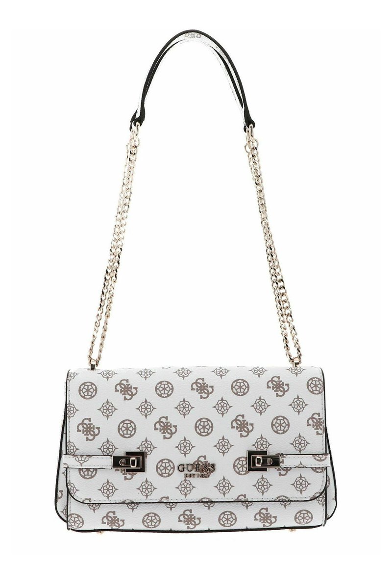 Borsa a mano bianca in pelle con tracolla a catena, caratterizzata da un motivo geometrico e accenti metallici. Chiusura con un gancio metallico con logo.