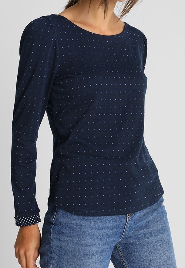 Marineblauwe longsleeve top met kleine blauwe stippen, ronde halslijn en gestructureerde mouwen. Gepaard met lichtblauwe denim jeans.