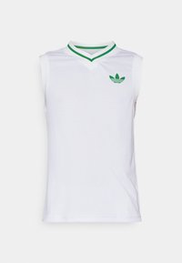 Ärmelloses weißes Sportoberteil mit V-Ausschnitt, grünen Kragenakzenten und einem kleinen grünen Logo auf der Brust. Mesh-Struktur für Atmungsaktivität.