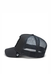 Black cap with a solid front and mesh back. Features a curved bill, side logo patch, and adjustable snap closure.