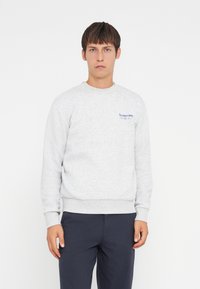 Sweatshirt gris en tissu mélangé coton, avec un col rond, des manches longues et un petit logo bleu imprimé sur la poitrine gauche.