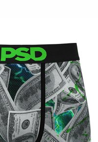 Pánske boxerky s čiernym pásom, na ktorom je nápis "PSD" v zelenej farbe. Tkanina zobrazuje grafiku dolárovej bankovky s výraznými zelenými akcentmi a textúrami.