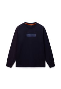 Μπλε ναυτικό μακρυμάνικο μπλουζάκι από βαμβάκι, με ανάγλυφο λογότυπο σε σκούρο μπλε στο μπροστινό μέρος και πορτοκαλί λεπτομέρεια στο εσωτερικό του λαιμού.