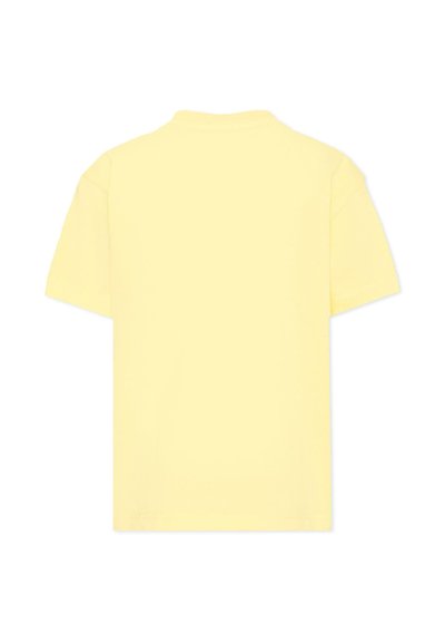 T-shirt en coton jaune clair uni à manches courtes, vu de dos sur fond blanc.