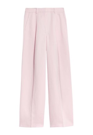 Lichtroze, wijd uitlopende broek met plooi aan de voorkant, zijzakken en een gladde stoftextuur. Getailleerde taille met lussen voor een riem.