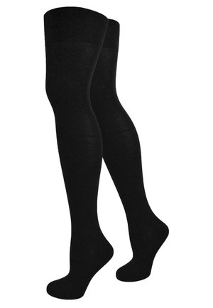 Black over-the-knee socks made of soft fabric, featuring a smooth texture and a snug fit at the top, with rounded toe and seamless construction.
