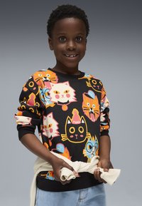 Sudadera negra de manga larga con ilustraciones de gatos de dibujos animados coloridos en el frente. El diseño incluye diversas expresiones faciales y patrones.