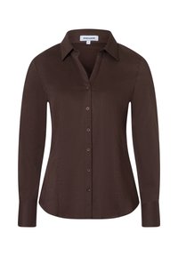 Bruine button-up shirt met lange mouwen, gemaakt van gladde stof. Bevat een klassieke kraag en subtiele knopen aan de voorkant.