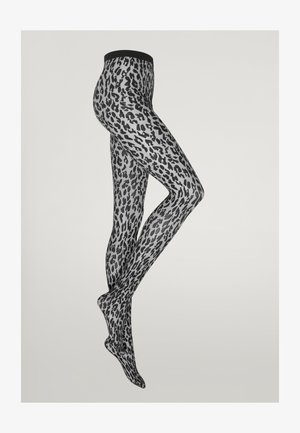 Leopardenmuster schwarze und graue Strumpfhosen mit elastischem Bund, aus transparentem Material und einer engen Passform. Das Muster bedeckt die gesamte Oberfläche.