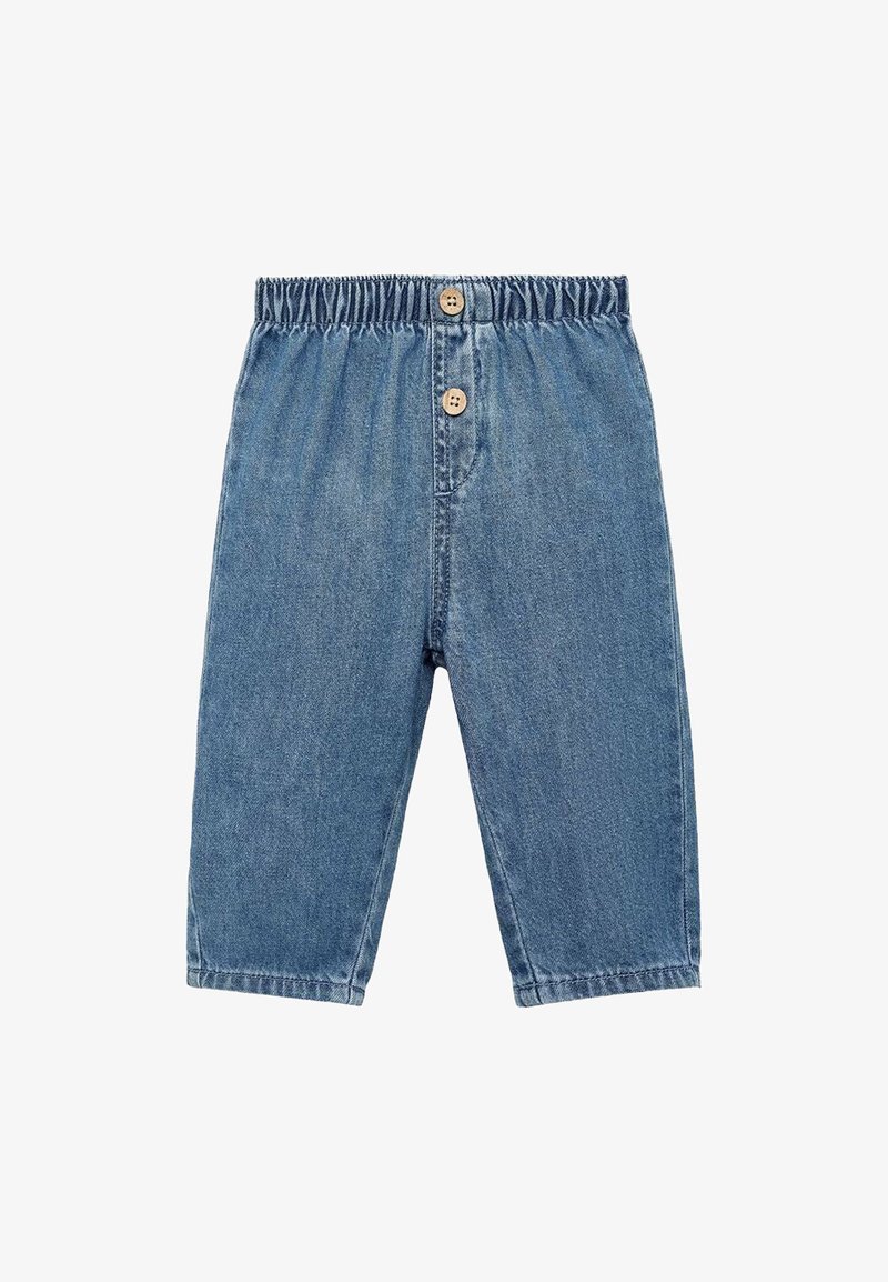 Jeans hlače v svetlo modri barvi z elastičnim pasom in dvema lesenima gumboma. Imajo ravne noge in gladko teksturo.