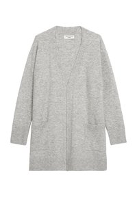 Hellgrauer Cardigan aus weichem Strickmaterial, mit offenem Vorderteil, zwei vorderen Taschen und gerippten Bündchen. Schlichtes, ungeschmücktes Design.