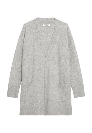 Gilet gris clair en matériel tricoté doux, doté d'une ouverture frontale, de deux poches à l'avant et de poignets côtelés. Design simple et sans ornement.