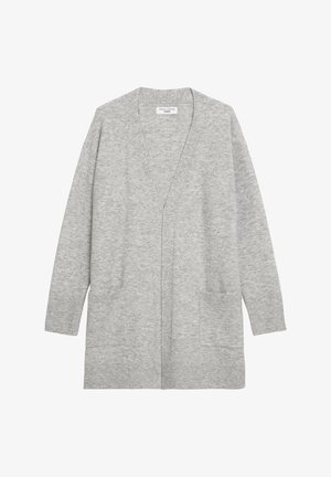 Hellgrauer Cardigan aus weichem Strickmaterial, mit offenem Vorderteil, zwei vorderen Taschen und gerippten Bündchen. Schlichtes, ungeschmücktes Design.