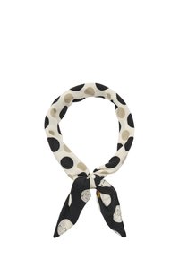 Szalik w kropki w kolorach czarnym, kremowym i beżowym. Wykonany z tkaniny, uformowany w pętlę z wiązanymi końcami.