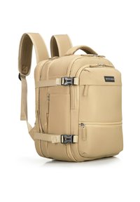 Mochila beige con correas y asa acolchadas, que cuenta con múltiples compartimentos con cremallera y hebillas ajustables. Fabricada con un tejido duradero.