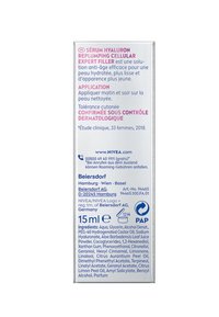 NIVEA Hyaluron Replumping Serum, 15 ml, in a rectangular silver box with pink and blue text, detailing ingredients and usage instructions.