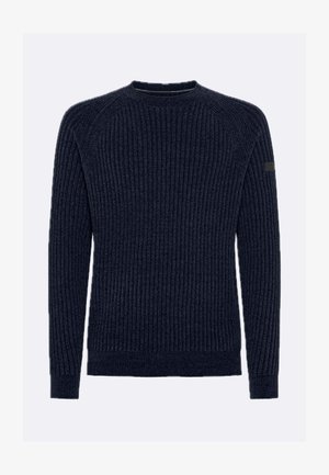 Maglione a costine blu navy con maniche lunghe, scollo rotondo e una piccola toppa nera sulla parte superiore della manica sinistra.