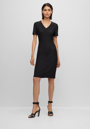V-NECK BUSINESS DRESS WITH SHORT SLEEVES AND FULL LENGTH ZIPPER AT THE BACK - Päevakleit - black one