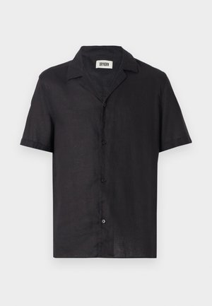 Short-sleeve black linen shirt with a camp collar, five buttons down the front, and a smooth texture. Minimalist design with no patterns.