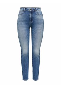 Jeans skinny en denim bleu clair, avec un design classique à cinq poches, des passants de ceinture et une fermeture à bouton. Texture délavée à l'avant et à l'arrière.
