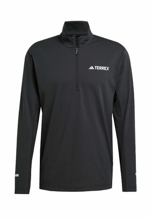 Sudadera negra de manga larga con media cremallera hecha de tejido suave. Presenta un pequeño logo blanco de Terrex en el pecho y acentos reflectantes en las mangas.