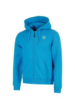 Blauwe hoodie met rits, voorzakken, verstelbare trekkoordkap en een klein rond geelgroen logo op de linkerborst.