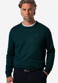 Dunkelgrüner Strickpullover mit Rundhalsausschnitt und gerippten Ärmelbündchen, über einem weißen T-Shirt getragen. Verfügt über ein dezentes Logo auf der Brust.