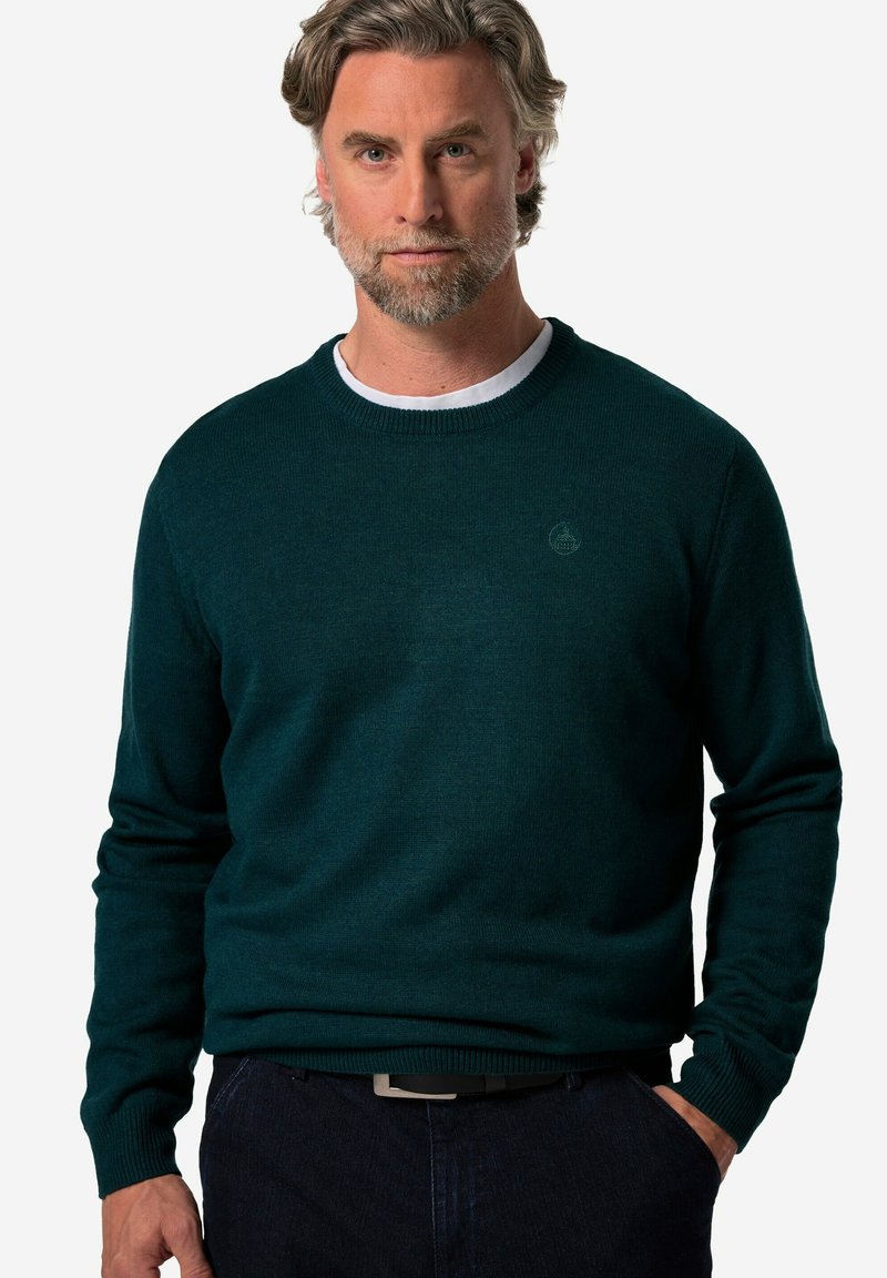 Dunkelgrüner Strickpullover mit Rundhalsausschnitt und gerippten Ärmelbündchen, über einem weißen T-Shirt getragen. Verfügt über ein dezentes Logo auf der Brust.
