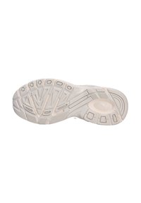 Suola di scarpa atletica in gomma bianco sporco. Presenta un battistrada testurizzato con scanalature e creste per una maggiore aderenza, e un dettaglio circolare con logo.