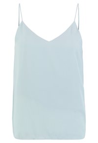 Top caraco bleu clair avec un décolleté en V, de fines bretelles réglables et une texture lisse légèrement brillante. Design simple et minimaliste.