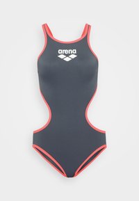 Maillot de bain une pièce en gris foncé avec des accents corail. Présente un design dos nageur et un logo Arena sur la poitrine. Fabriqué à partir d'un matériau extensible.