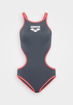 Fato de banho de peça única em cinza escuro com realces em coral. Apresenta um design de costas nadadoras e um logótipo da arena no peito. Feito de material elástico.