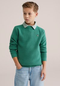 Pull en maille texturée verte avec une chemise à col bleu clair en dessous. Comprend des poignets côtelés et un petit logo sur la poitrine. Jean en denim clair.