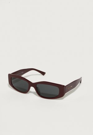Burgundy rectangular sunglasses with dark tinted lenses and smooth plastic frame. Features minimalistic design and subtle hardware accents.