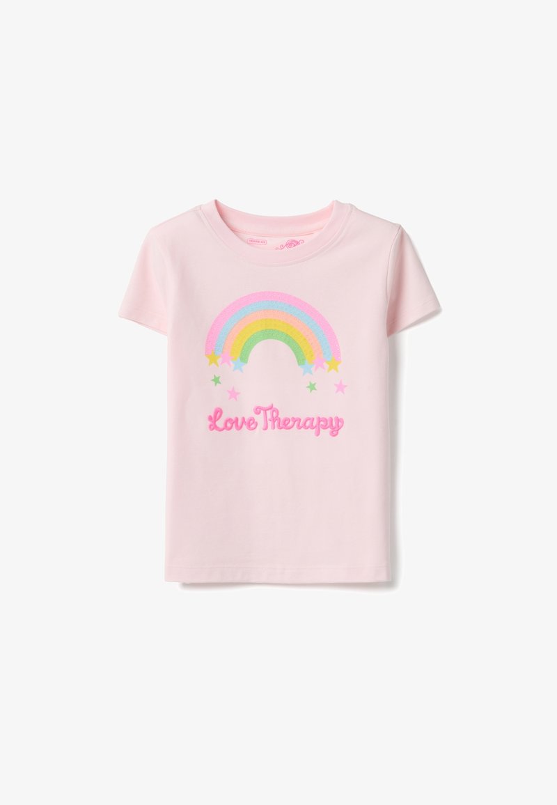 Pink cotton t-shirt featuring a multi-colored rainbow graphic and pink text that reads "Love Therapy," with star accents beneath the design.