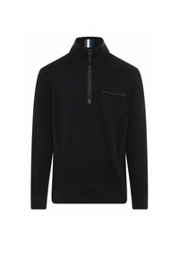 Marinefarbener Quarter-Zip-Pullover aus weichem Material. Mit einer Brusttasche mit dünnem Rand und einem gestreiften Innenkragenakzent.