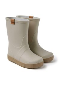 Un paio di stivali di gomma beige per la pioggia con suole testurizzate marroni chiari e un piccolo etichetta marrone sul bordo superiore.